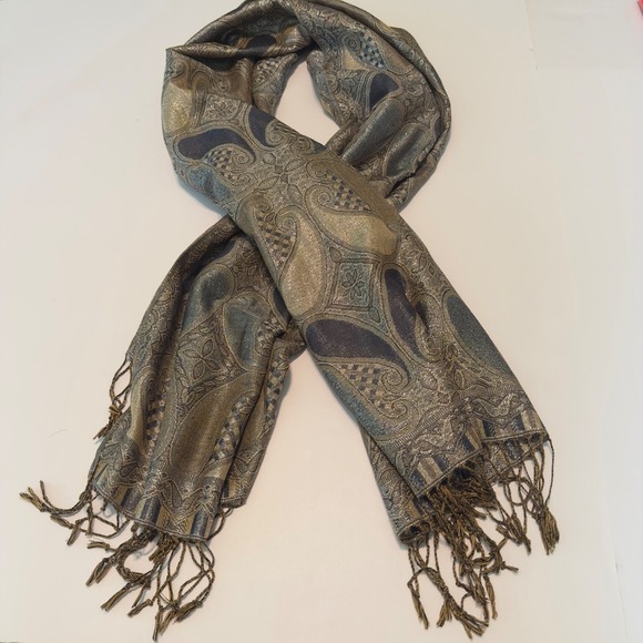 pashmina Accessories - Pashmina Silk Paisley Scarf Gold Bronze Grey Metallic Jacquard Fringe Wrap Shawl